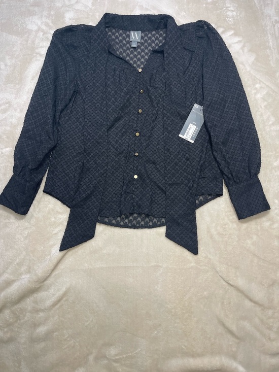 Worthington Tops - Worthington Petite Black Sheer Blouse Tie Front Textured Button Top PS NWT